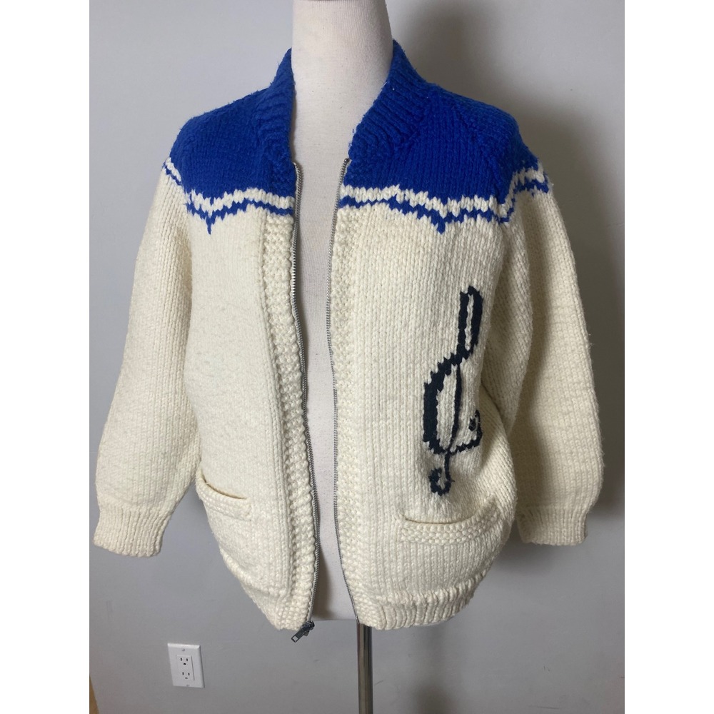 Vintage 1940s Cowichan Sweater Treble Clef Dancing Couple Zip Knit Cardigan Blue